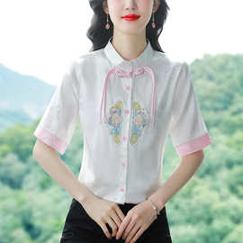 新中式国风气质高端刺绣缎面衬衫女夏季复古时尚盘扣立领中袖上衣