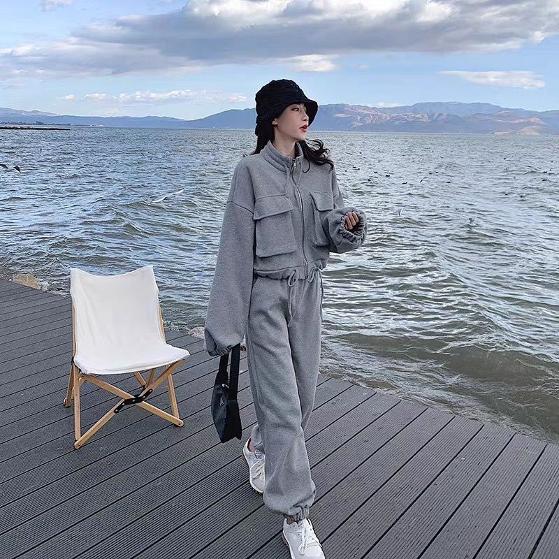 灰色时尚休闲工装套装女2025秋季新款韩版宽松短外套阔腿裤两件套|undefined