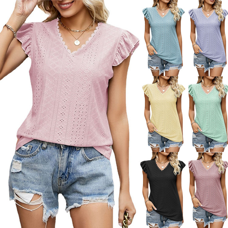 2024 Summer New Cross-border European and American Women's Clothing Amazon V-neck T-shirt Hole Hollow Short-sleeved Casual Top