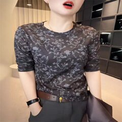 一件代发直播爆款2025春秋季新款印花圆领长袖T恤女打底小衫上衣