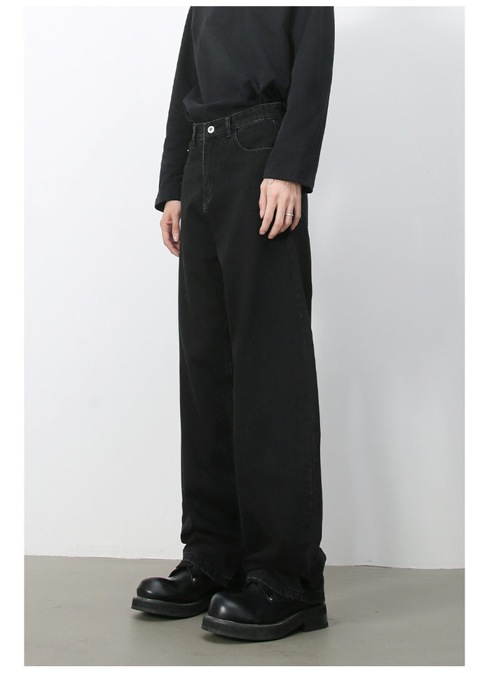 Quần jean nam ống rộng dáng suông cạp vừa phong cách đường phố — Denim đen, Làm cũ, Màu trắng, Màu xanh lam chi tiết 21