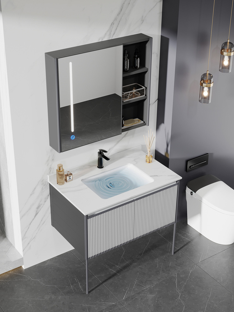 Gabinete de baño de lujo luz lavabo combinación baño integrado lavabo de cerámica mesa de lavado piscina iluminación inteligente espejo gabinete