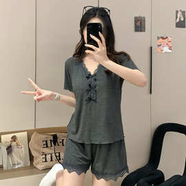 睡衣女夏季莫尔花边甜美家居服带胸垫短裤薄高级感套装可外穿
