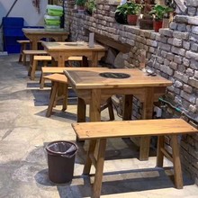 老榆木家具老榆木茶桌 酒店饭店老榆木餐桌餐椅实木原木餐桌组合