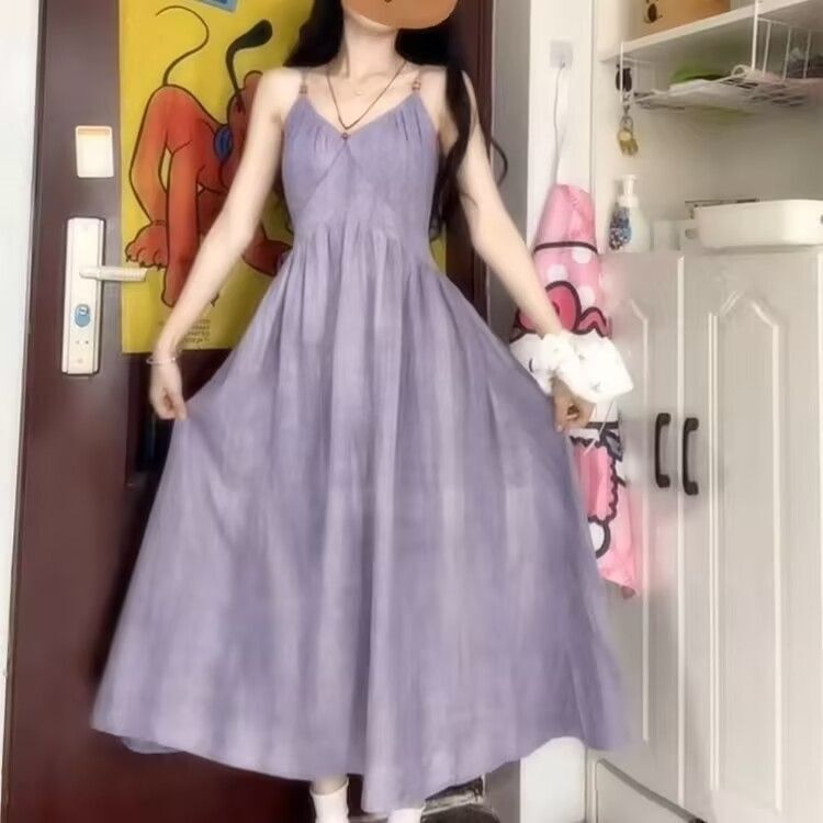 Dopamine-Stimulating Beautiful Purple Spaghetti Strap Dress for Women, Summer Vacation at the Seaside in Pakistan, Waist-Cinching Beach Dress