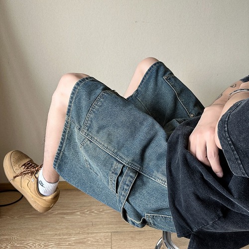 Men's Summer Thin Fashion Brand Loose-Fit Straight-Style Cropped Denim Shorts — American Vintage Washed-Effect Casual Pants