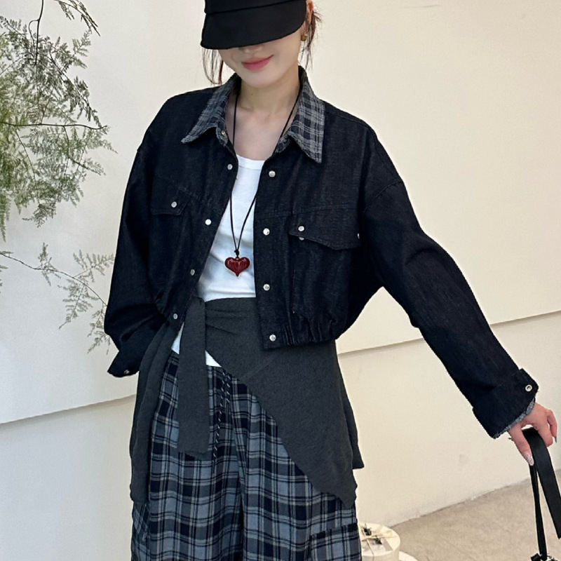 休闲牛仔短外套女2025秋新款气质翻领格子拼接单排扣夹克宽松上衣|undefined
