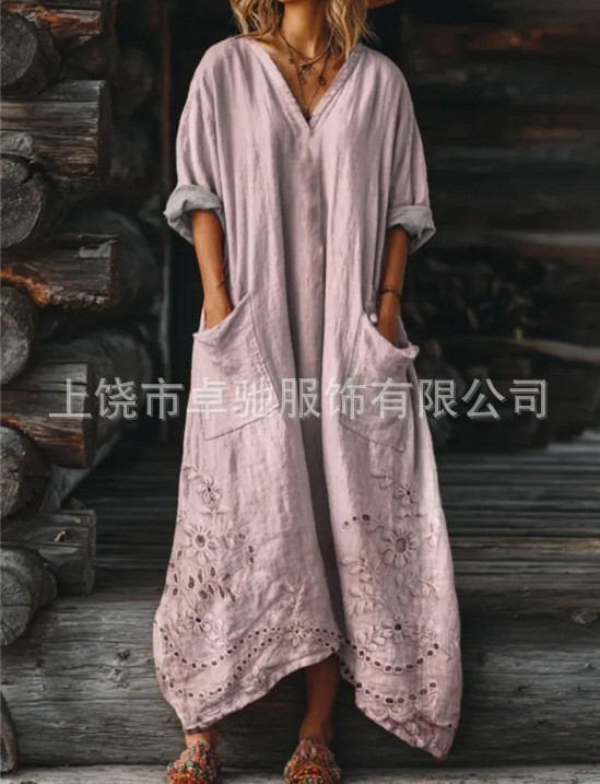 2025新款独立站女式复古花卉艺术图案印花口袋V领口袋连衣裙|undefined
