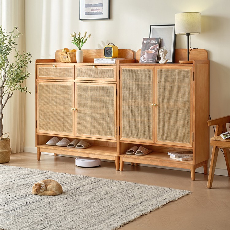 Scandinavian Solid Wood Shoe Cabinet, Retro Entrance Rattan Entrance Cabinet, Modern Simple Home Entrance Ash Wood Storage Cabinet