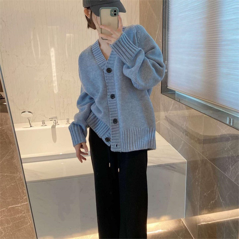 慵懒风软糯V领2025秋冬新款宽松长袖气质纯色毛衣女针织开衫外套|undefined