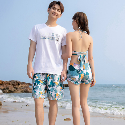 Hot spring swimsuit women's three-piece conservative slimming beach honeymoon vacation men's beach pants couple swimming suit