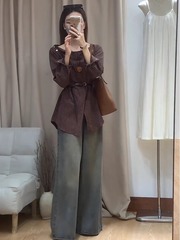 初秋韩系穿搭一字肩条纹不规则长袖衬衫女春秋外搭设计感小众衬衣