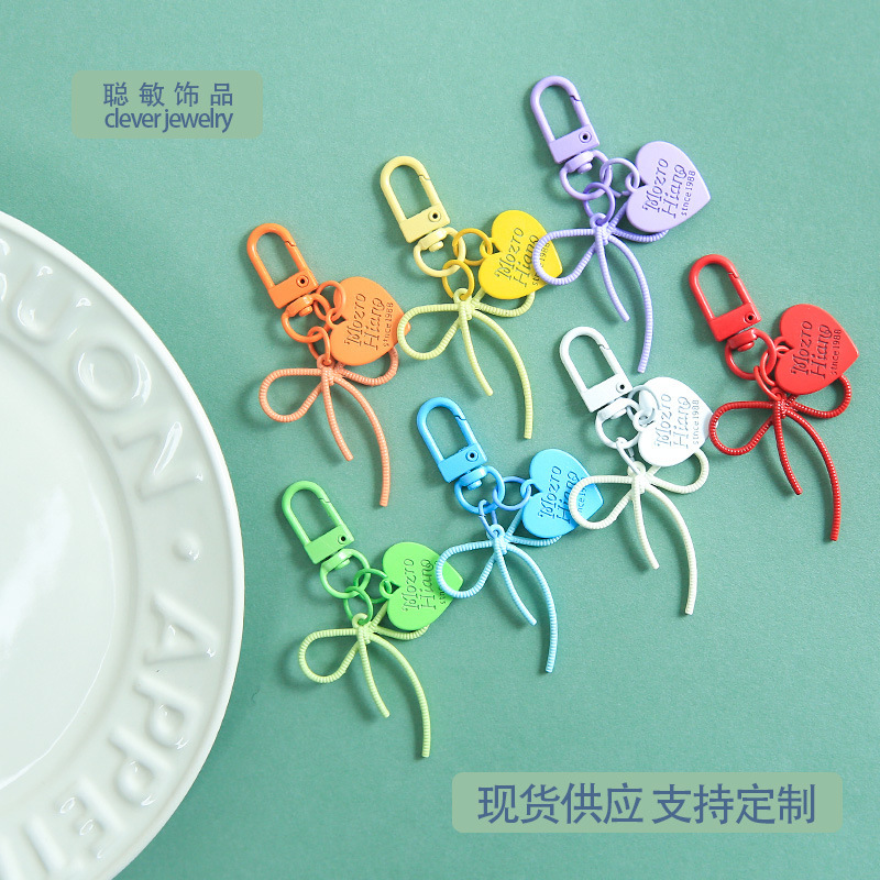Creative Colorful Hollow-Out Bow with Colorful Heart Tag Keychain, Girly Heart Bag Pendant Materials Wholesale