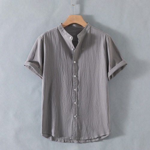 Men's Summer Linen Shirt, Thin, Plain Color, Large Size, Short Sleeve, Casual Stand Collar, Cotton Linen Shirt Outerwear