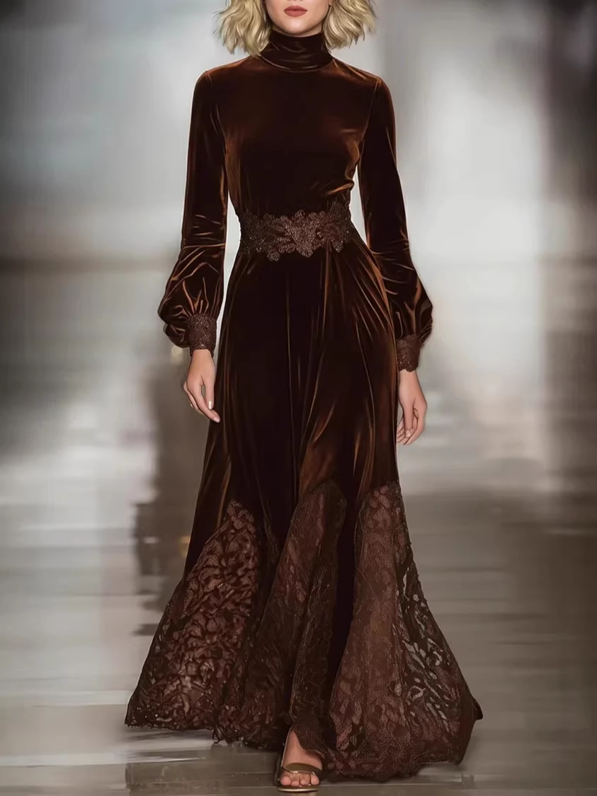 2025 European and American Women's Fashion Amazon Independent Site Brown Lace Long-Sleeve Slim-Fit Patchwork Long Dress