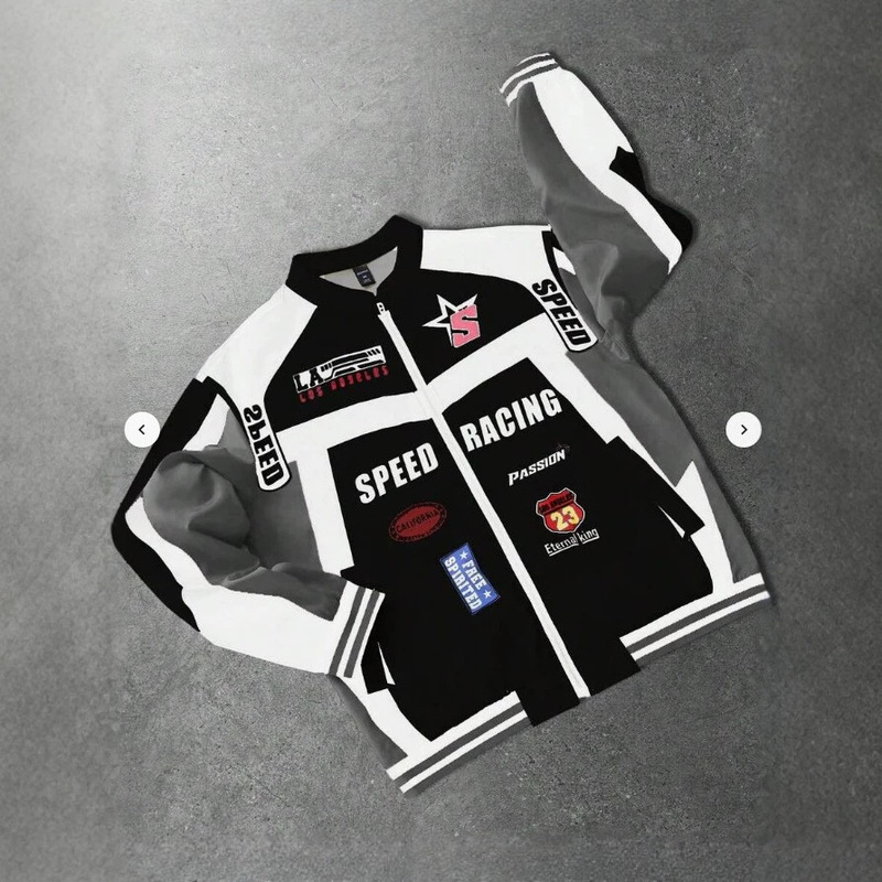 Retro men's racing-style American baseball jacket with a stand-up collar and zipper, 2025 collection, SPEED print, trendy and loose fit Retro men's racing-style American baseball jacket with a stand-up collar and zipper, 2025 collection, SPEED print, trendy and loose fit