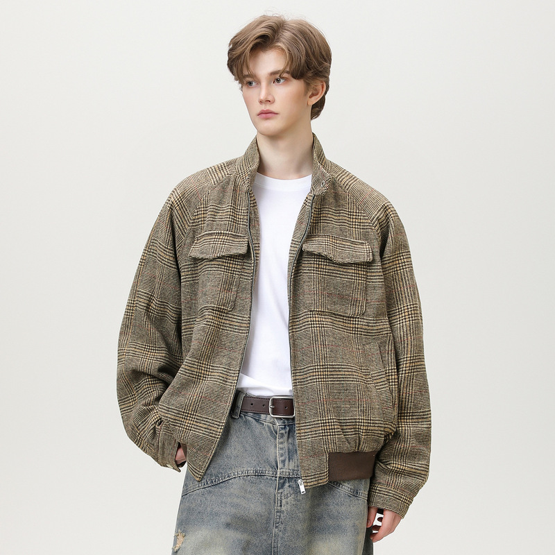 Houndstooth Double-Pocket Design American Style Trendy Jacket Autumn Short Wide Retro Loose Stand Collar Plaid Short Coat Q