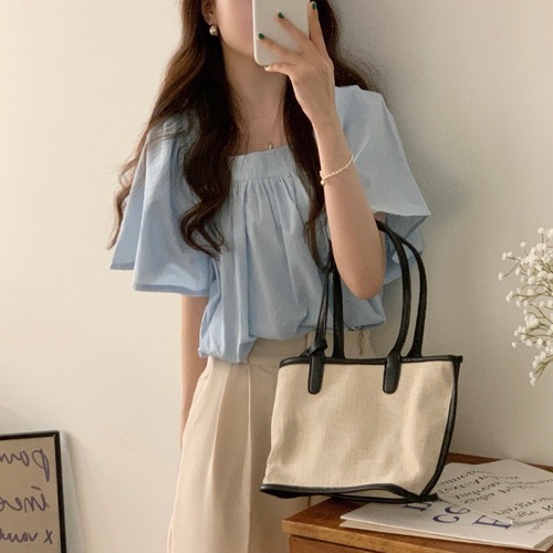 South Korean chic style niche pleated square neck short sleeve loose large bell sleeve short shirt top