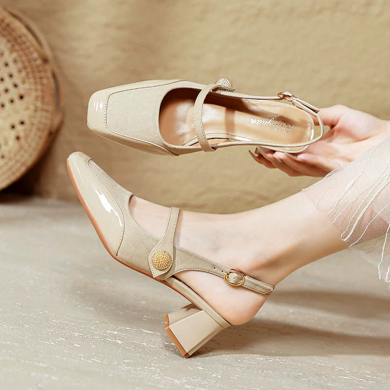 Французские туфли на высоком каблуке толстый каблук 2025 новый большой размер женская обувь квадратная голова задняя пустая одиночная обувь женская средняя одежда баотоу сандалии