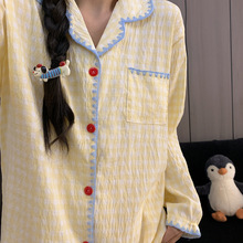 日系奶黄格子大码睡衣女春秋长袖甜美花边少女家居服套装现货跨境