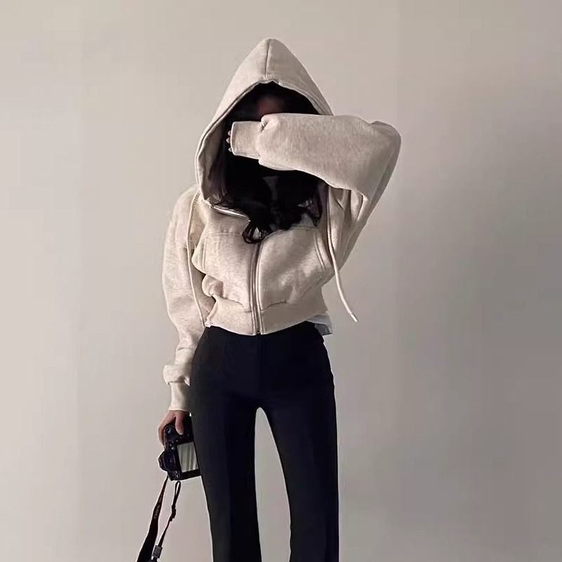 Xinyu Sweatshirt Jacket Women's Short Versatile Design Long-Sleeved Autumn and Winter New Velvet Pure Color Cardigan Jacket Trendy