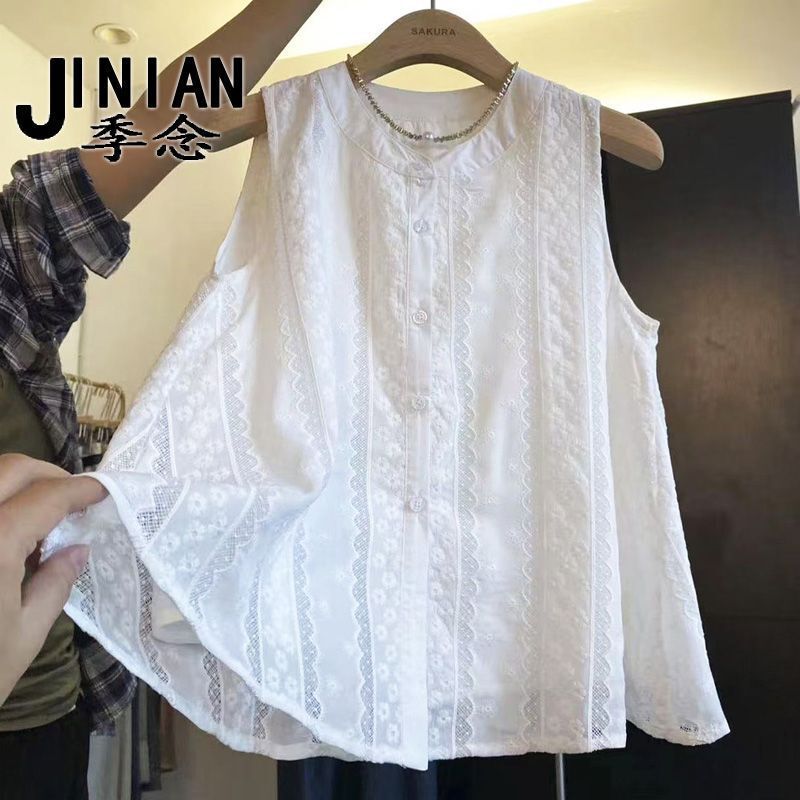 Cotton White Lace Embroidered Sleeveless Shirt Vest for Women to Wear Outside Summer New Style Loose Belly-Covering Cardigan Top for Women