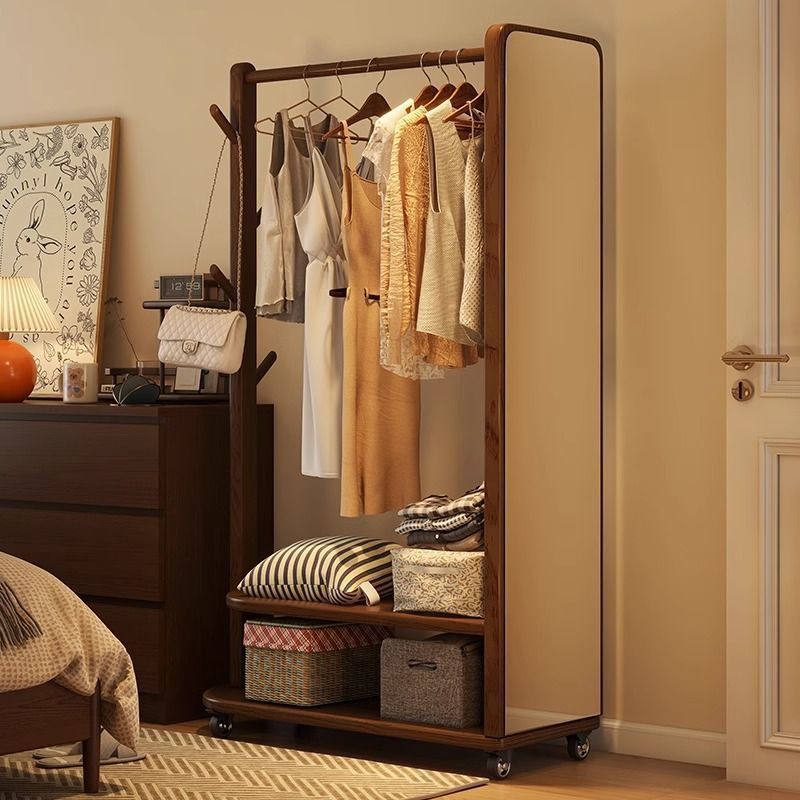 Solid Wood Coat Rack, Full-Body Fitting Mirror, Integrated Clothes Rack, Removable Clothes Rack, Floor-Standing Bedroom Storage Rack, Home