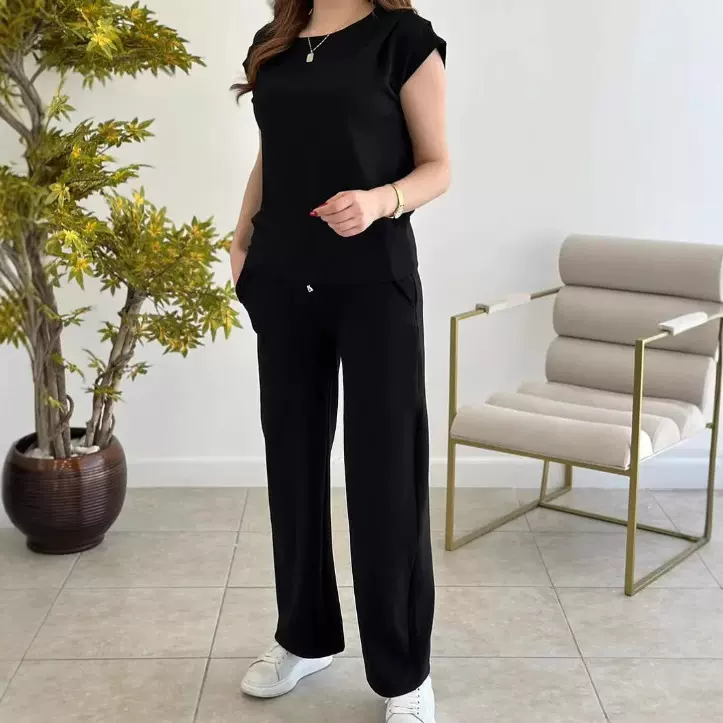 2025新款亚马逊ins夏季针织短袖时尚休闲上衣长裤阔腿裤套装