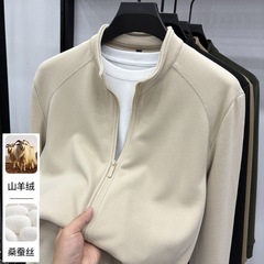 含羊绒蚕丝5新一体绒男士立领夹克外套冬加绒奥莱绒开衫冲锋内胆