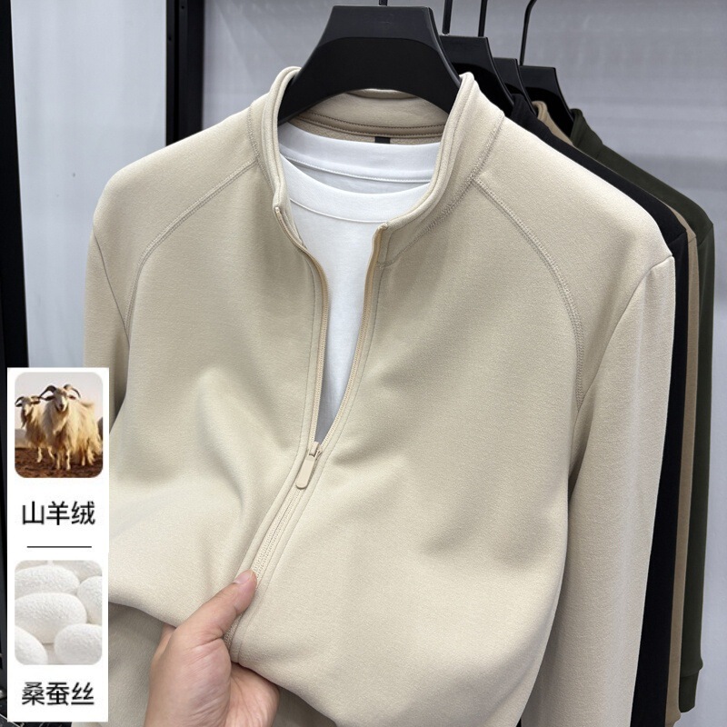 Men's Stand Collar Jacket with Cashmere and Silk, Winter Fleece-Lined Cardigan with Inner Lining Men's Stand Collar Jacket with Cashmere and Silk, Winter Fleece-Lined Cardigan with Inner Lining