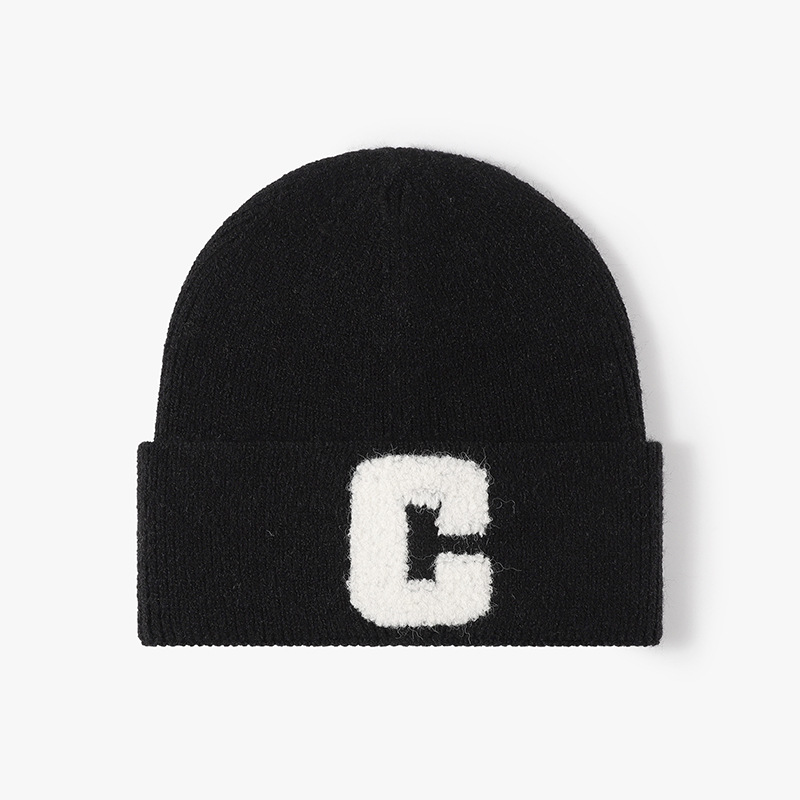 Autumn and Winter Women's Alphabet Towel Embroidered Warm Brimless Wool Hat Fashionable Outdoor Thickened Ear Protector Knitted Hat_voghion.com