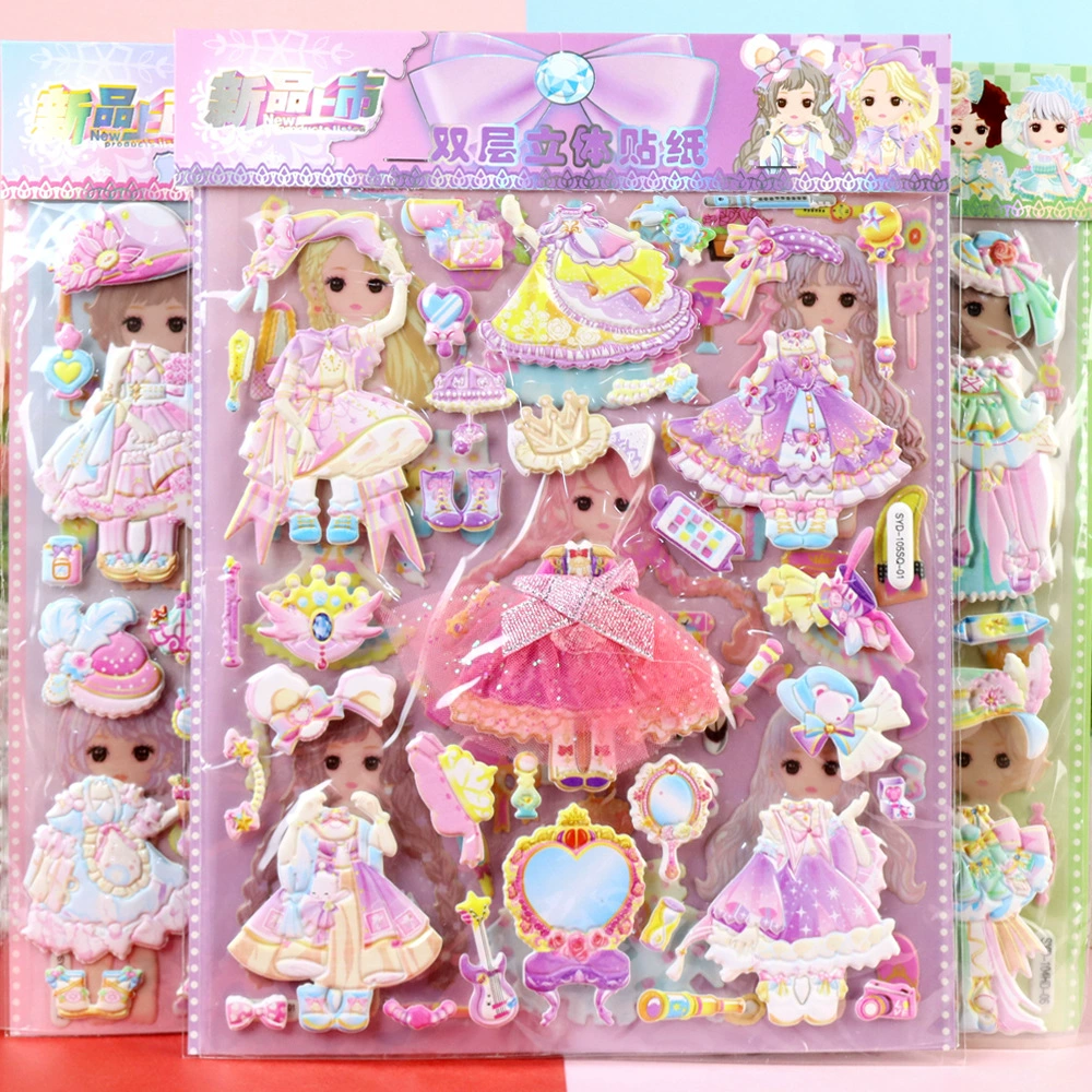 Большие глаза милый ребенок одеваются наклейки для детей мультфильм стерео платье двухслойная кружевная юбка для девочек пена стикер