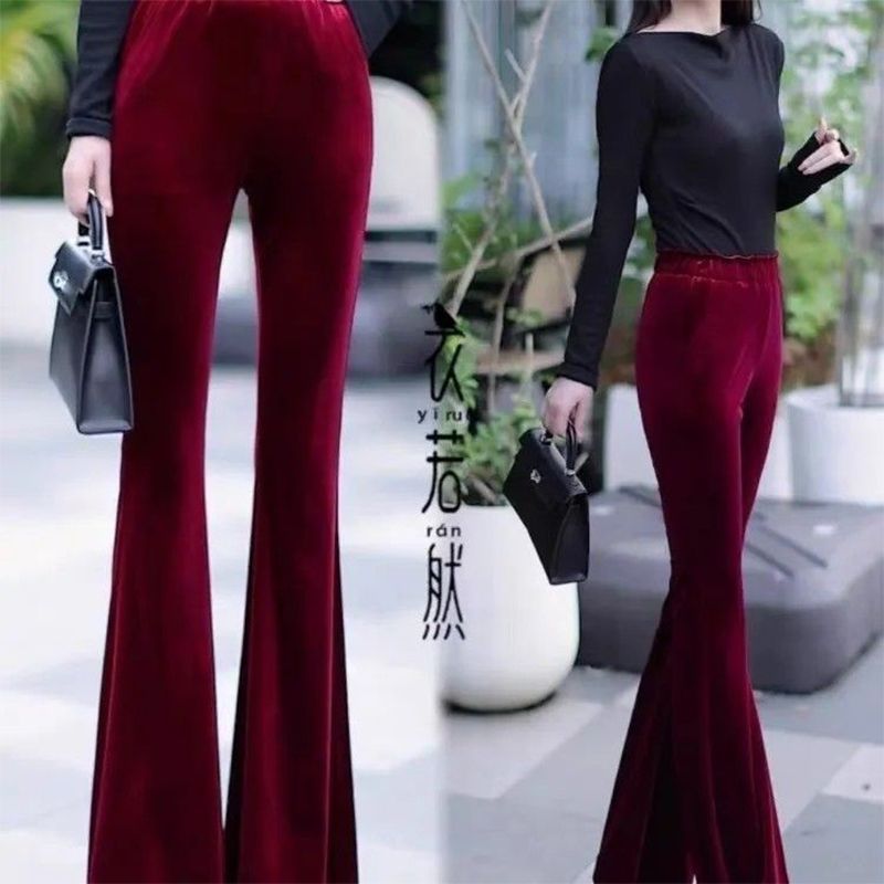 Women's High-Waisted Slimming Velvet Flared Pants for Spring and Autumn, 2024 New Narrow Wide-Leg Pants for Petite Figures