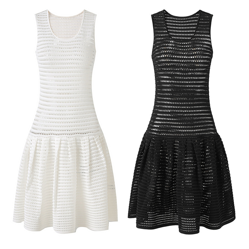 In-Stock Elegant Socialite Black Sexy Hollow-Out Sleeveless Mid-Length Knitted Umbrella Dress 2025 New Niche Dress