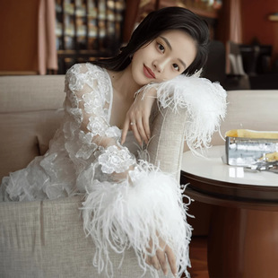 Ostrich Hair High-class Bride Wedding Feather Morning Gown Sexy Wedding Flower Autumn and Winter Pajamas Two-piece Set