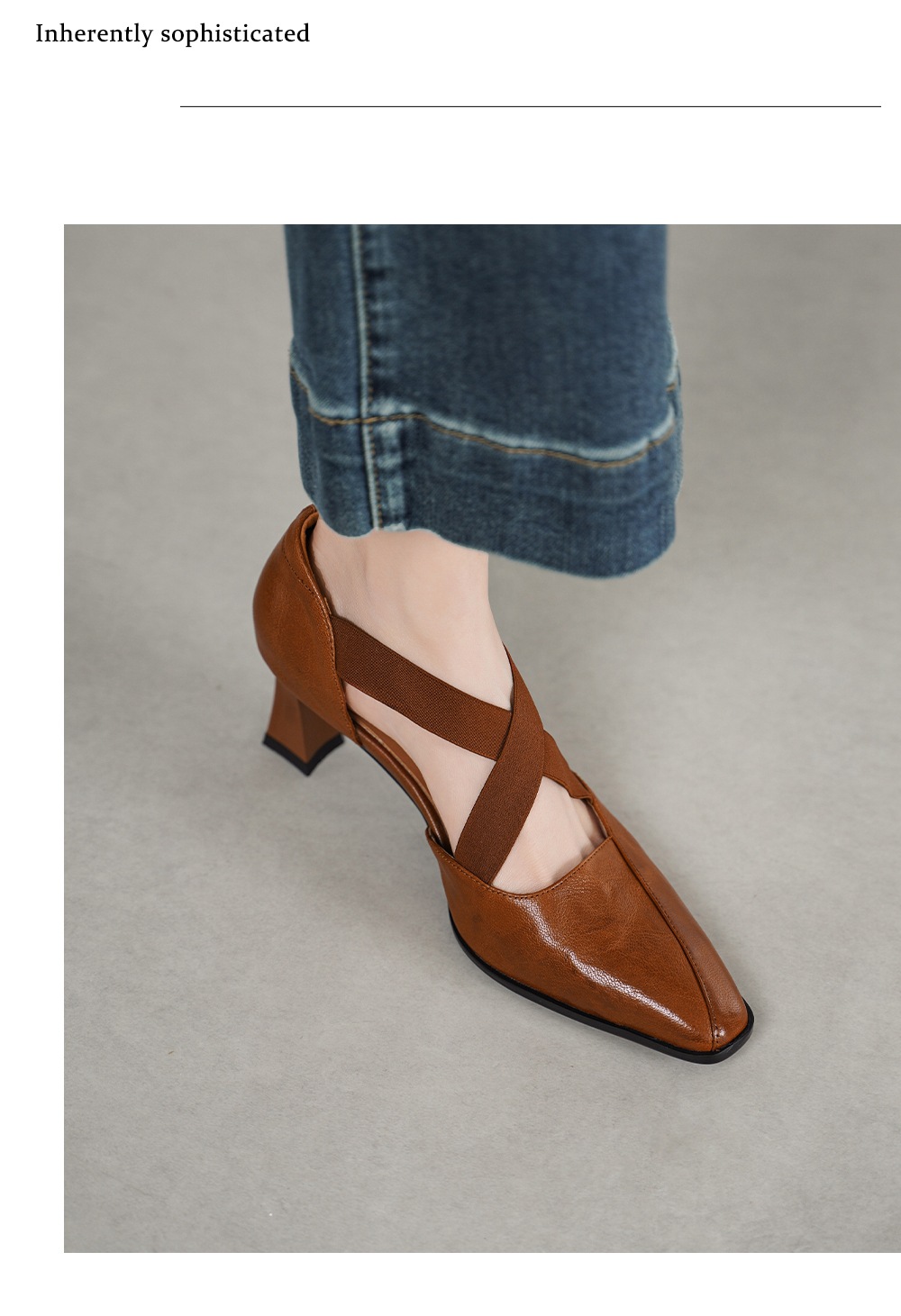 Sandal cao gót nữ da cừu mũi trùm cổ điển, gót vuông ổn định, quai thun co giãn — đen chi tiết 9