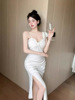 Slim fit dress with high slit suspender， sexy nightclub banquet dress