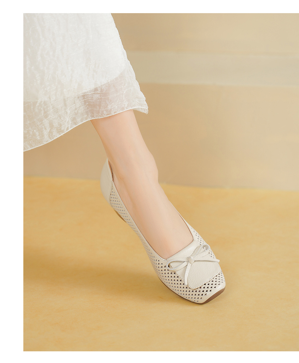 Giày cao gót nữ da cừu mũi nhọn gót vuông ổn định 3.5cm nơ bướm — màu trắng ngà chi tiết 10