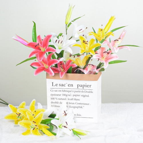 Simulation flowers single piece film 3 headed lily wedding celebration photography arrangement artificial flowers home decoration ornament manufacturer wholesale