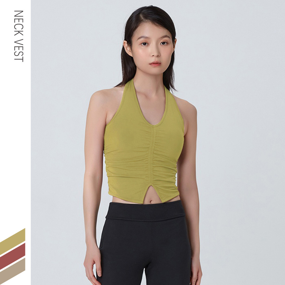 European and American New Sports Underwear Women's Hanging Neck Shock-proof Gather-up Running Fitness Bra Pleated Outer Wear Yoga Vest