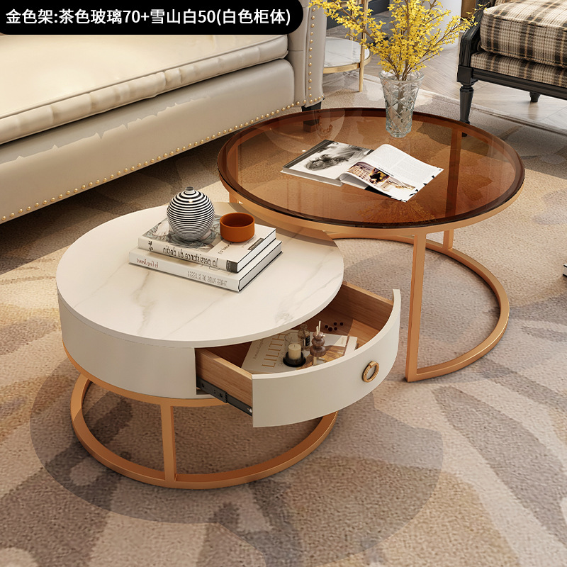 Sala de estar para el hogar, combinación simple de lujo ligero, mesa de roca minimalista, estilo crema, pequeño apartamento, mesa de centro redonda de vidrio italiano