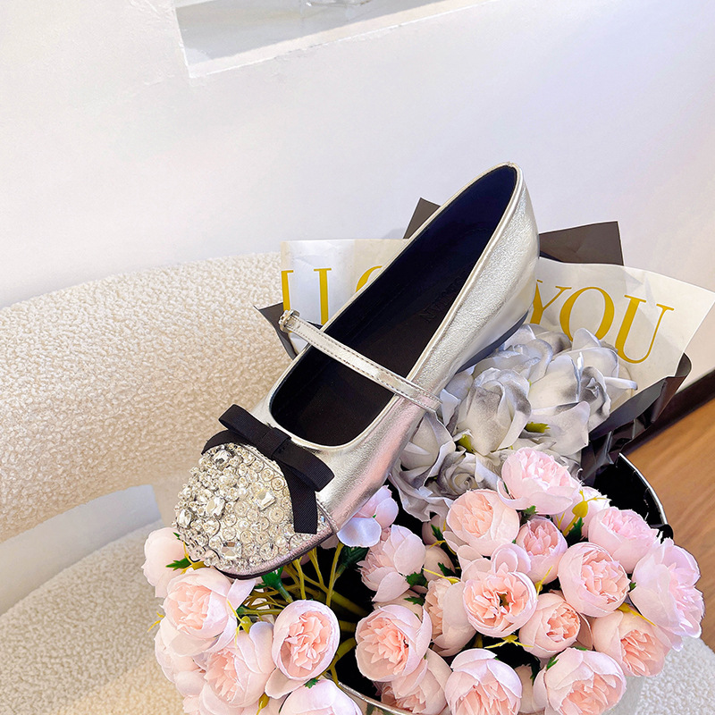 in stock Handmade Beaded Baotou Inner Height-raising Single-layer Shoes Women's Autumn New Arrival Flash Diamond Sequins Korean Princess Mary Jane Women