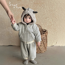 松虫婴幼童童装男童冬装男宝宝韩版加绒加厚条纹两件套套装25702