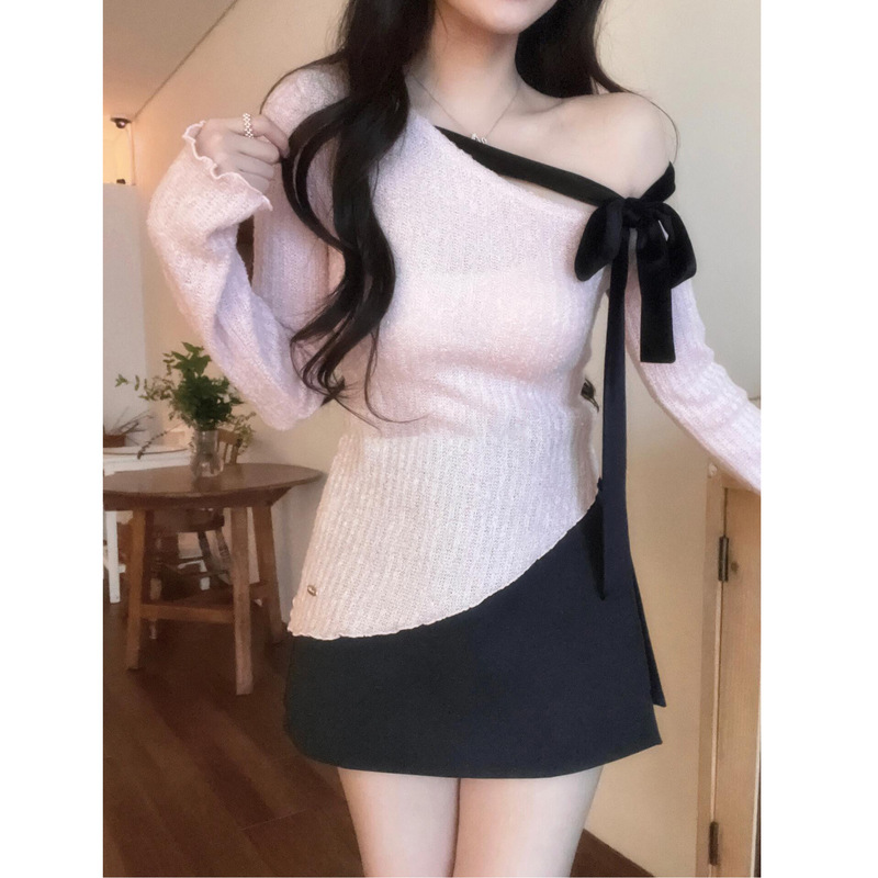 Mink Fur】Pink Bow-Knot Off-Shoulder Knit Sweater for Women, Autumn and Winter Base Layer Top, Off-Shoulder Blouse Mink Fur】Pink Bow-Knot Off-Shoulder Knit Sweater for Women, Autumn and Winter Base Layer Top, Off-Shoulder Blouse