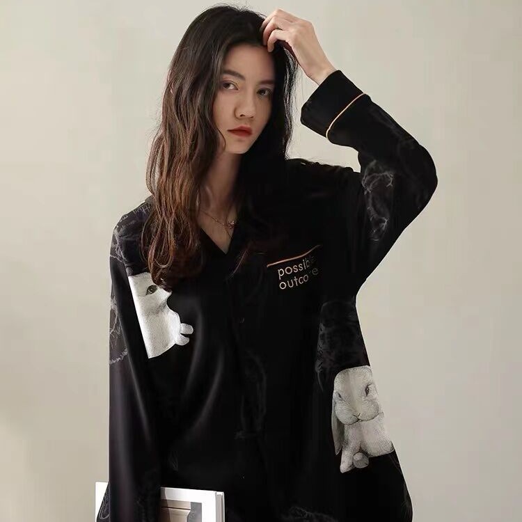 Pijamas de mujer primavera y otoño 100% algodón de manga larga de algodón estilo coreano dulce lindo conejo Hogar desgaste traje Otoño e Invierno