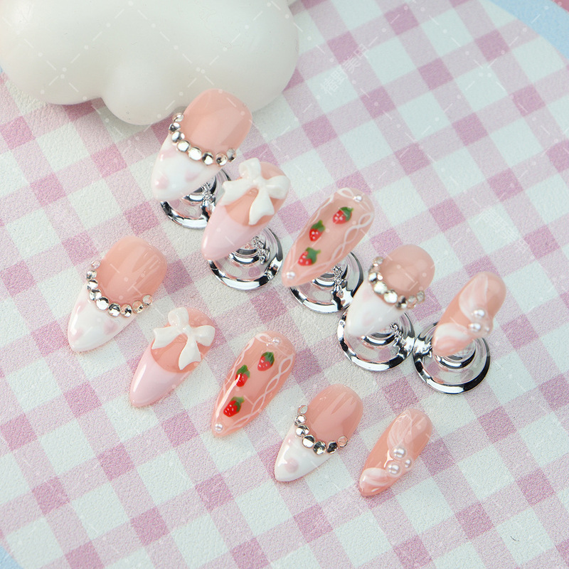 Popular European and American Handmade Wearable Nails, High-End Hand-Painted Strawberry White Bow, Pink and Diamond French Manicure Popular European and American Handmade Wearable Nails, High-End Hand-Painted Strawberry White Bow, Pink and Diamond French Manicure