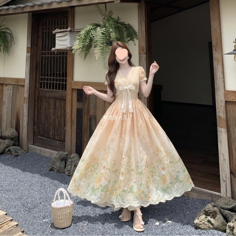 实拍~柑橘冰茶 法式少女风V领蕾丝花边泡泡袖蝴蝶结碎花连衣裙