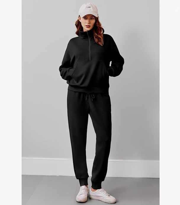 亚马逊女士两件套秋季旅行装长袖运动服慢跑套装半拉链运动服套装|undefined