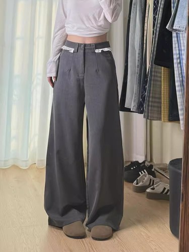 Retro grey lace spliced ​​suit pants casual pants high-end loose wide-leg pants draped straight trousers