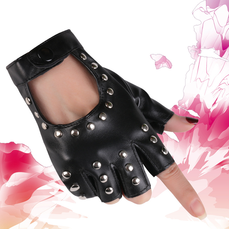 Danza de las mujeres guantes medio dedo rendimiento corto cyberpunk remache pole dance dedo abierto Hip Hop discoteca guantes de cuero